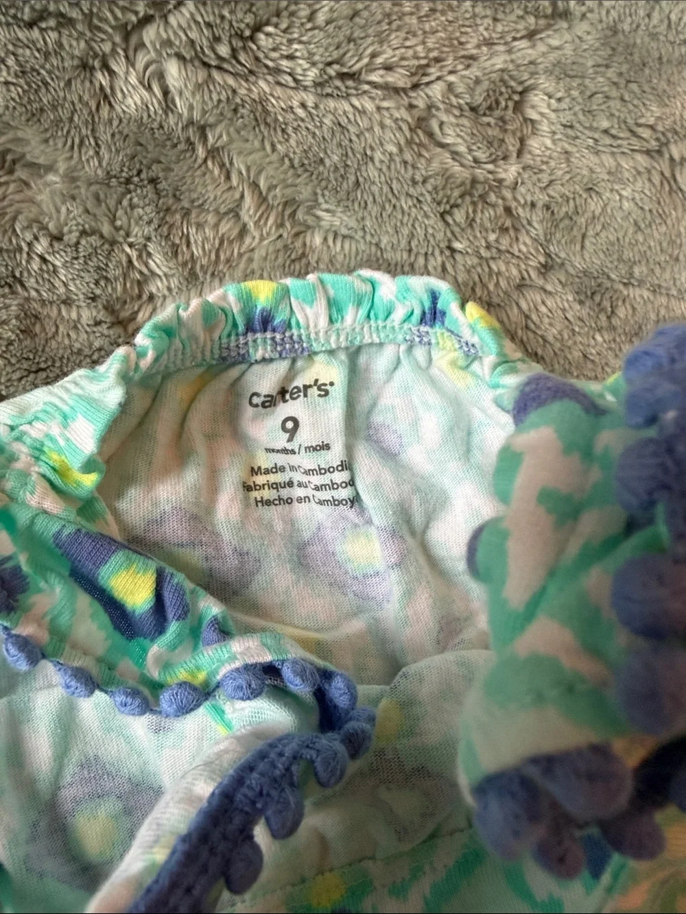 Carter's Mint Floral Romper with Purple Trim and Yellow Accents